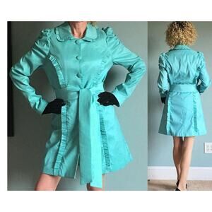 Unique Lapis Aqua Green Sea Ruffled Light Fitted Belted Trench Coat - Size M